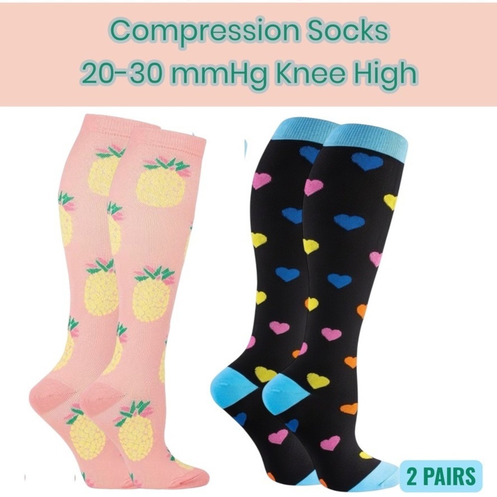 Unisex 20-30 mmHg Compression Socks L/XL‎ Knee High Medical Whimsical AOP 2 Pack